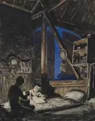 Ernest Procter, Sleeping Quarters Of The French Civilian Evacuation Section, Oxelare, 1917, watercolour over pencil 26 cm by 21 cm