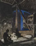 Ernest Procter, Sleeping Quarters Of The French Civilian Evacuation Section, Oxelare, 1917, watercolour over pencil 26 cm by 21 cm