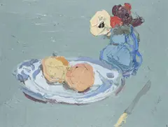 Bernard Myers, Still Life Of Fruit And Anenomes, acrylic on board 28 cm by 38 cm