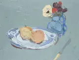 Bernard Myers, Still Life Of Fruit And Anenomes, acrylic on board 28 cm by 38 cm