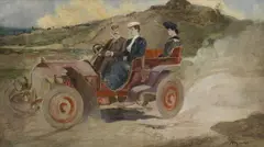 Gaston Maurié, The Golden Age Of Motoring, oil on canvas 26 cm by 45 cm