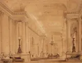 Thomas Allom, Â Interior Of A Club, ink with sepia washes