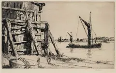 Martin Hardie, Â A Group Of Etchings Including: At Orford Suffolk, A Barge On The River Thames And Drying Sails, Ajaccio, drypoint etching Largest: