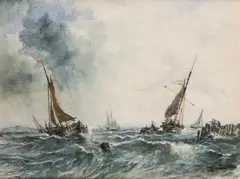John Callow, Shipping In Rough Seas, watercolour and bodycolour