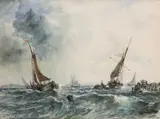 John Callow, Shipping In Rough Seas, watercolour and bodycolour