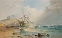 Samuel Philips Jackson, A Beached Ship With A Distant View Of Bamburgh Castle, Northumbria, watercolour with pen & ink