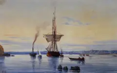 Richard Markes, Shipping In The Early Morning, pen and brown ink and watercolour Largest: 16Â½ x 27cm