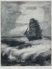 Frederick Haagensen, A Collection Of Etchings And Drawing Including: Norwegian Fishermen, Storm, Pirate, Repairing The Nets, Drying The Sails, Sqall, Heavy Seas And A Clipper At Sea, etching Largest (plate size):