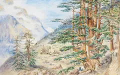 Constance Gordon-Cumming, In Sungri Forest, Near Simla, watercolour 39cm by 61cm