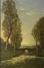Henri Harpignies, Sunset By A Wooded River Bank, oil on board 45cm by