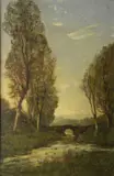 Henri Harpignies, Sunset By A Wooded River Bank