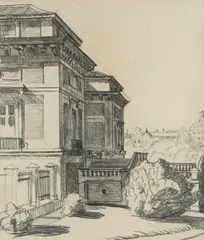 William Strang, Entrance To The Prado, Madrid, Pencil on paper Image size: