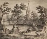 John Bernard Gilpin, View Of A Church Behind A Small Lake, inks with monochrome washes Image size: