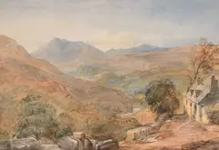David Cox Junior, Welsh Mountainous Landscape With Figures Outside A Stone Cottage, Pencil and watercolour Image size: