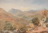 David Cox Junior, Welsh Mountainous Landscape With Figures Outside A Stone Cottage, Pencil and watercolour Image size: