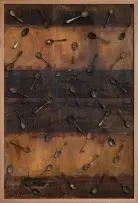 Willem Boshoff, Spoondance, 2013, 37 tarnished silver-plated spoons mounted on a used plywood base, bond adhesive nuts and bolts