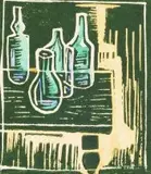 Peter Clarke, Still Life with Bottles, colour woodcut