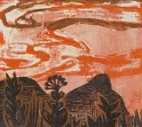 Peter Clarke, Evening over Devil's Peak, CP, South Africa, hand coloured woodcut and monotype on Japanese Tissue paper