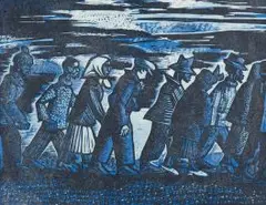 Peter Clarke, Blue Monday, colour linocut on Japanese tissue paper