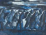 Peter Clarke, Blue Monday, colour linocut on Japanese tissue paper