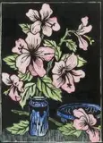 Gregoire Boonzaier, Hibiscuses in a Blue Vase, hand coloured linocut