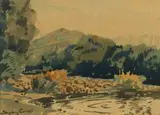 Berg River from Bridge, Fransch hoek (sic) by Sydney Carter, watercolour on card, offered Nov 2017
