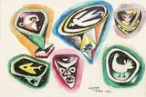 Peter Clarke, Masks, Fish, Birds and Cat, mixed media on paper