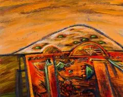 Henk Serfontein, Abstract Landscape with Built Structures, oil on paper