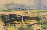 Terence McCaw, Waterfall in an Extensive Landscape, watercolour on card