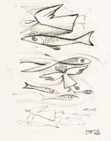 Peter Clarke, Angels and Fish, ink on card