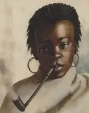 Constance Helen Greaves, Portrait of a Woman Smoking a Pipe, watercolour on paper laid down on cardboard