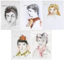 Five Portraits by Carl Büchner, mixed media on paper, sold Nov 2017