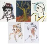 Carl Büchner, Four Portraits of Boys, and a Tree, mixed media on paper