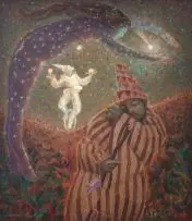 Hardy Botha, Three Performers Under the Stars, mixed media on board