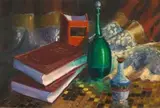 Still Life with Bottles and Books by Adriaan Boshoff, oil on board, sold Nov 2017