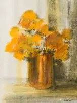 Mel Brigg, Flowers in a Brass Vase, charcoal and pastel on paper
