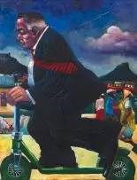 Man on Scooter by Selwyn Pekeur, oil on board, sold Nov 2017