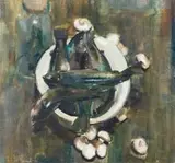 Clément Serneels, Still Life with Trout and Mushrooms, oil on canvas laid down on board