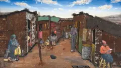 Vusi Khumalo, Homestead at Mphatlalatsane, Lesotho, mixed media and collage on board