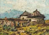Otto Klar, Landscape with Huts, oil on board