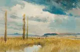 Christopher Tugwell, Landscape with Cattle, oil on board
