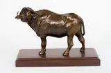 Arend Eloff, Buffalo, bronze with a brown patina mounted on a wooden base