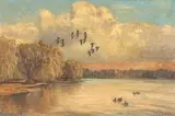 Heinrich von Michaelis, A Flock of Geese in Flight, oil on board