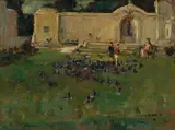 Children Feeding Pigeons by Adriaan Boshoff, oil on canvas laid down on board, offered Nov 2017