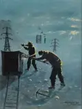 John Koenakeefe Mohl, Miners "Loading the Barrel at Night" at Crown Mines Jo-burg (S.A), oil on board