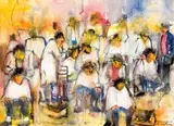 Ephraim Ngatane, The Barber Shop, mixed media on paper