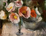 Irmin Henkel, Iceland Poppies in a Glass Vase with a Bowl, oil on canvas