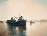 Boats at Sea by Errol Boyley, oil on canvas laid down on wood, sold Nov 2017