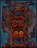 Raymond Andrews, Portrait, carved, incised and painted wood panel
