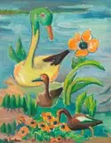 Ducks and Flowers in a Landscape by Maggie Laubser, oil on board, sold Nov 2017
